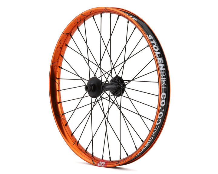 20" RAMPAGE PRO STREET FRONT FEMALE AXLE WHEEL, ORANGE / BLACK SPLATTER